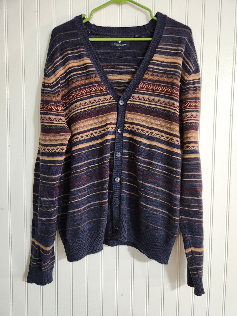 Russell Simmons Argyleculture Pattern Sweater Cardigan Men L Brown Blue Preppy